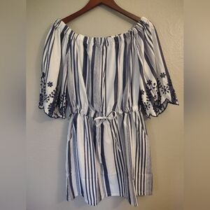 Style House Off-Shoulder Navy Blue White Striped Dress Embroidered Sleeves XL